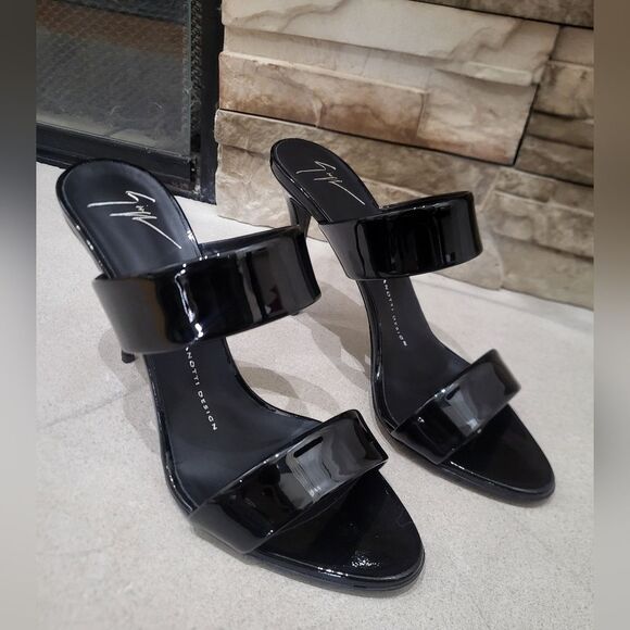 Giuseppe Zanotti Black Patent Leather Open Toe Sandals Dual Band Stiletto 37.5 - Picture 2 of 16